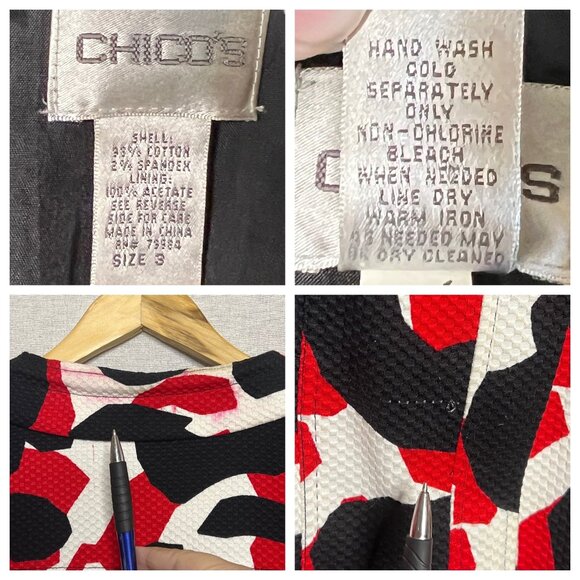 Chicos Victory Red Black White Abstract Jacket Size 3/XL Cotton Blend Boho flaw - Picture 11 of 16